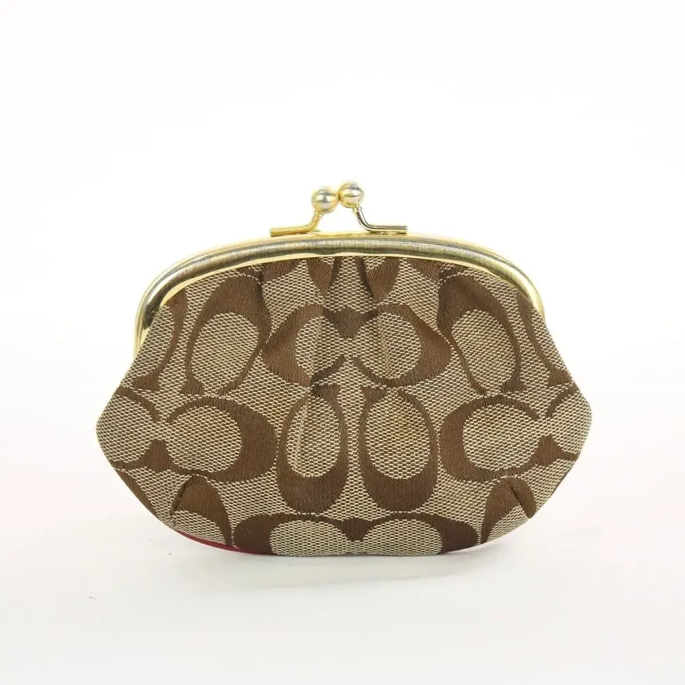 Coach Vintage Y2K Nora Khaki Brown Signature Jacquard Kiss Lock Coin Wallet - Picture 1 of 7
